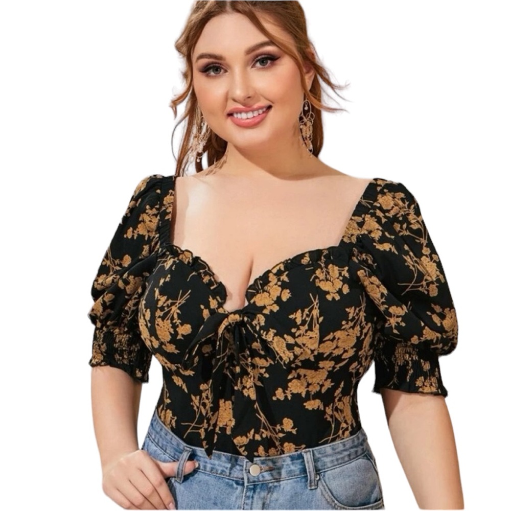 SHEIN Plus Tie Front Frill Trim Shirred Back Milkmaid Top